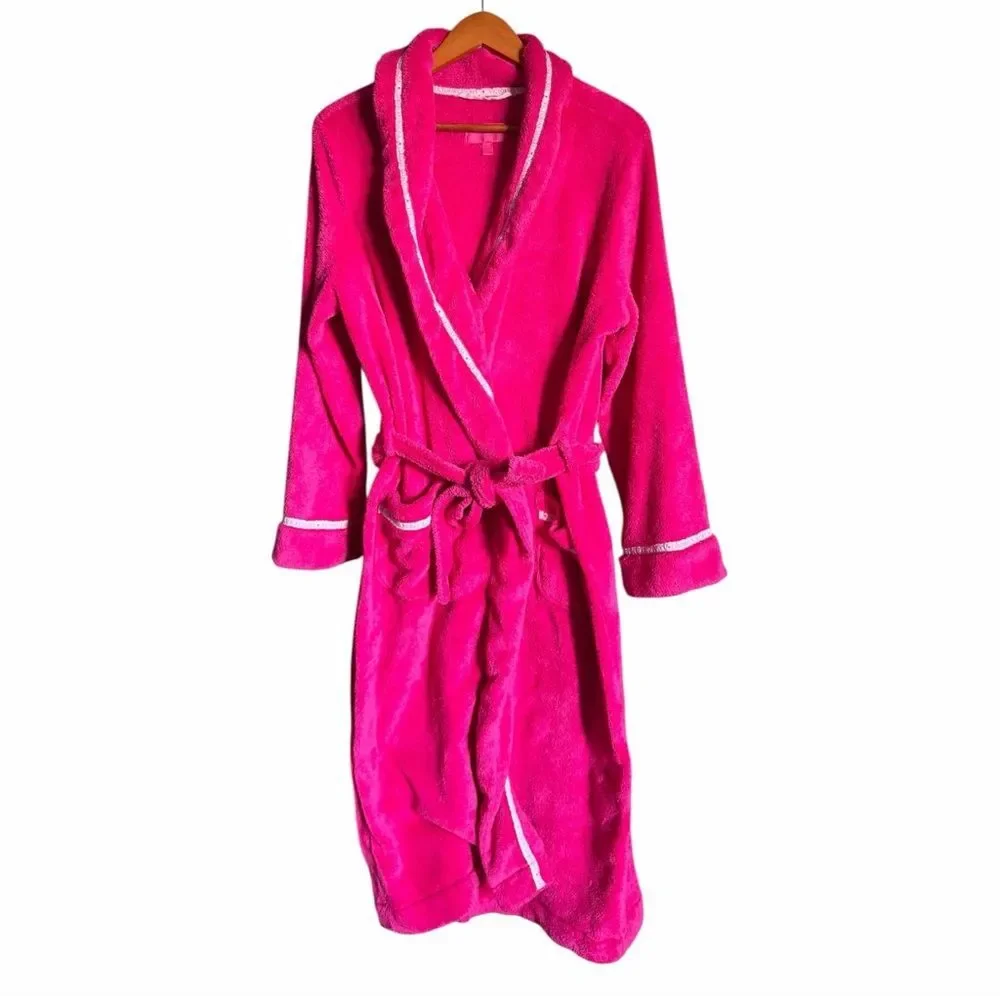 Victoria’s Secret Plush Fleece Robe Pink White Trim Women’s Medium Spa Cozy